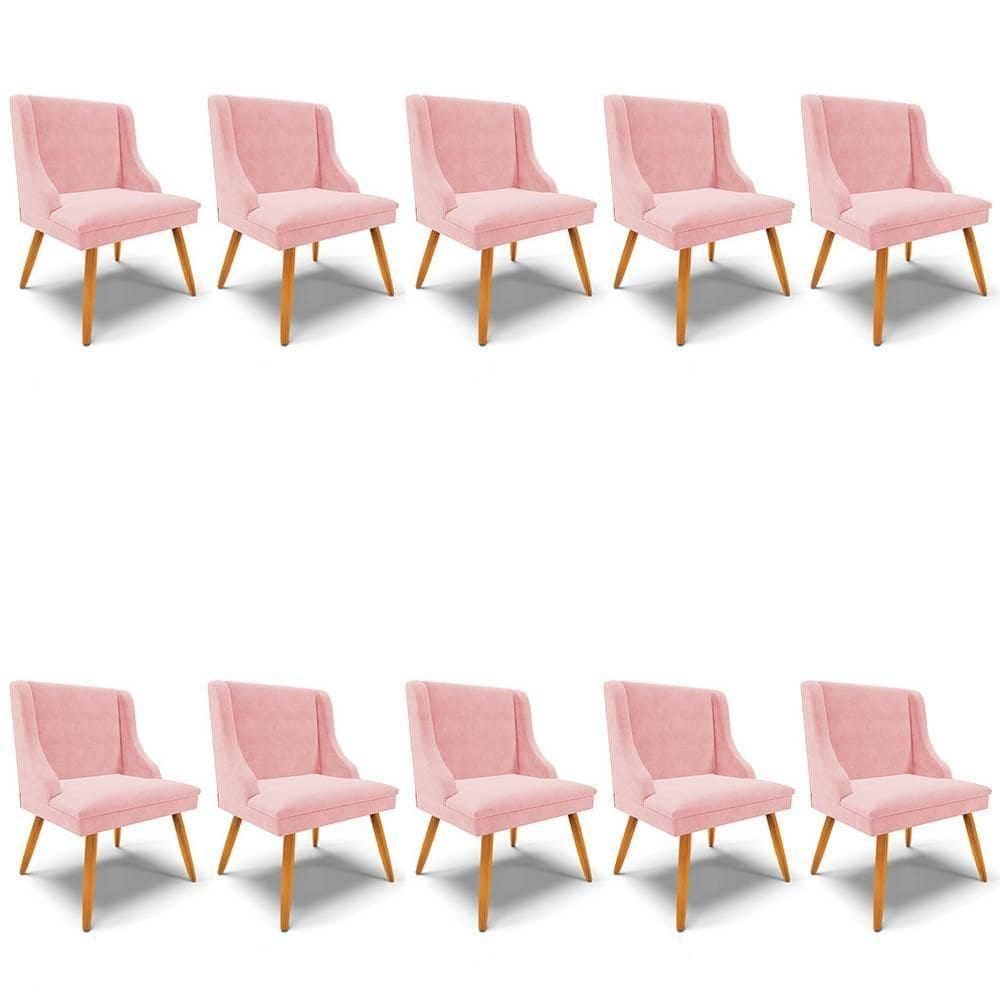 Kit 10 Cadeiras Estofadas Para Sala De Jantar Pés Palito Lia Suede Rosa Bebê - Ibiza
