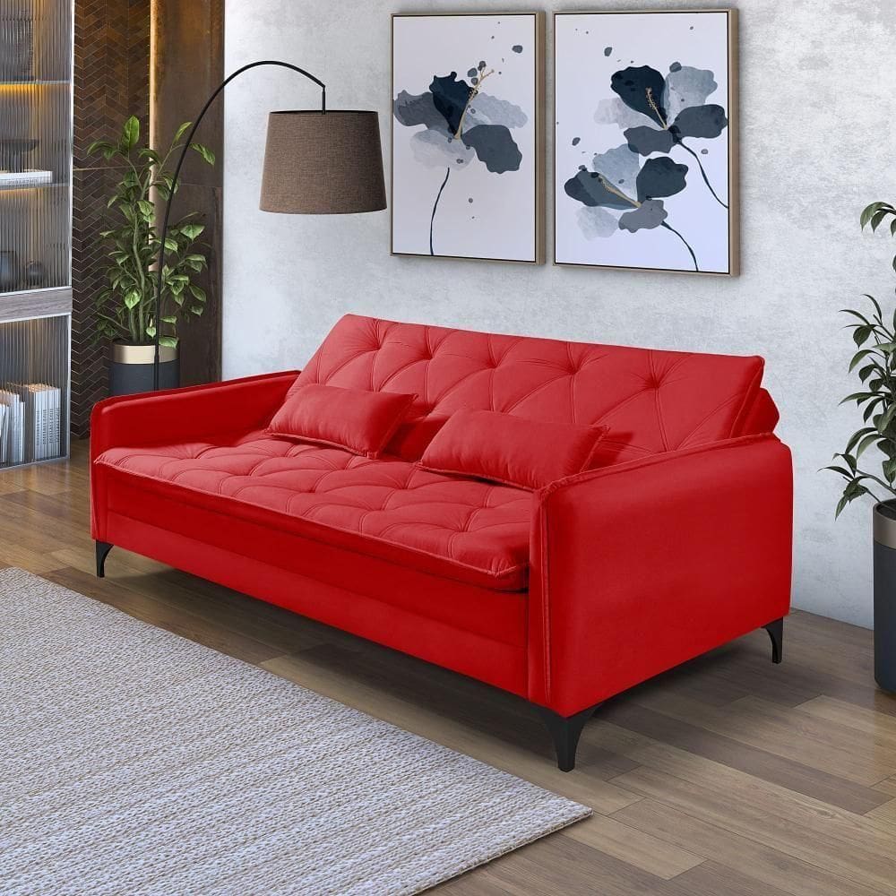 Sofá Cama Yara 3 Lugares Reclinável 2,08m Suede Vermelho