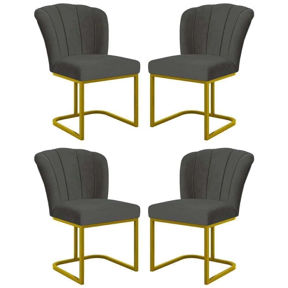 Kit 4 Cadeiras Jantar Flor Mesa Cozinha Reforçada Base Metal Dourada Cinza
