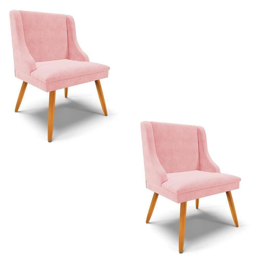 Kit 2 Cadeiras Estofadas Para Sala De Jantar Pés Palito Lia Suede Rosa Bebê - Ibiza