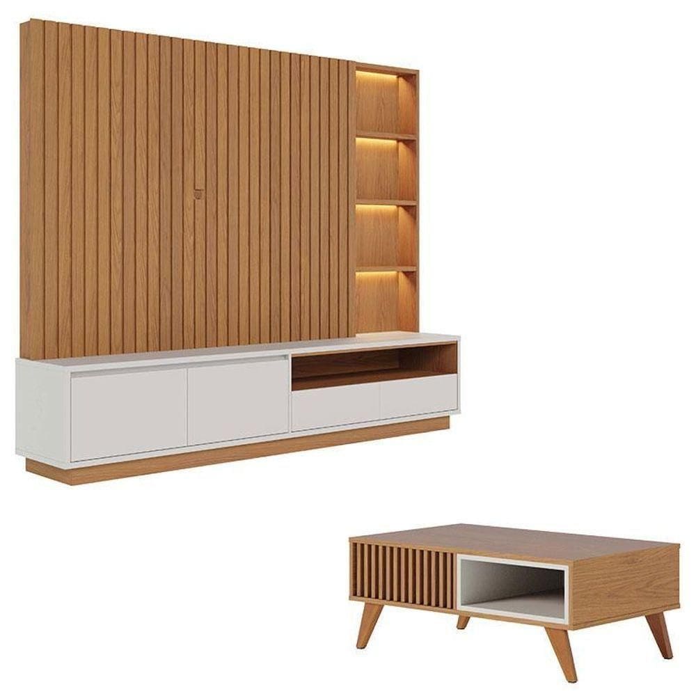 Estante Home Theater Cancún Freijó Off White Matte Com Mesa De Centro Jeri Freijó Off White - Colibri