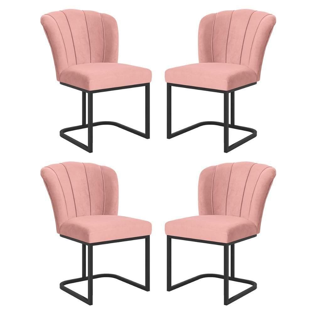 Kit 4 Cadeiras Jantar Flor Mesa Cozinha Reforçada Base Metal Preta Rosa