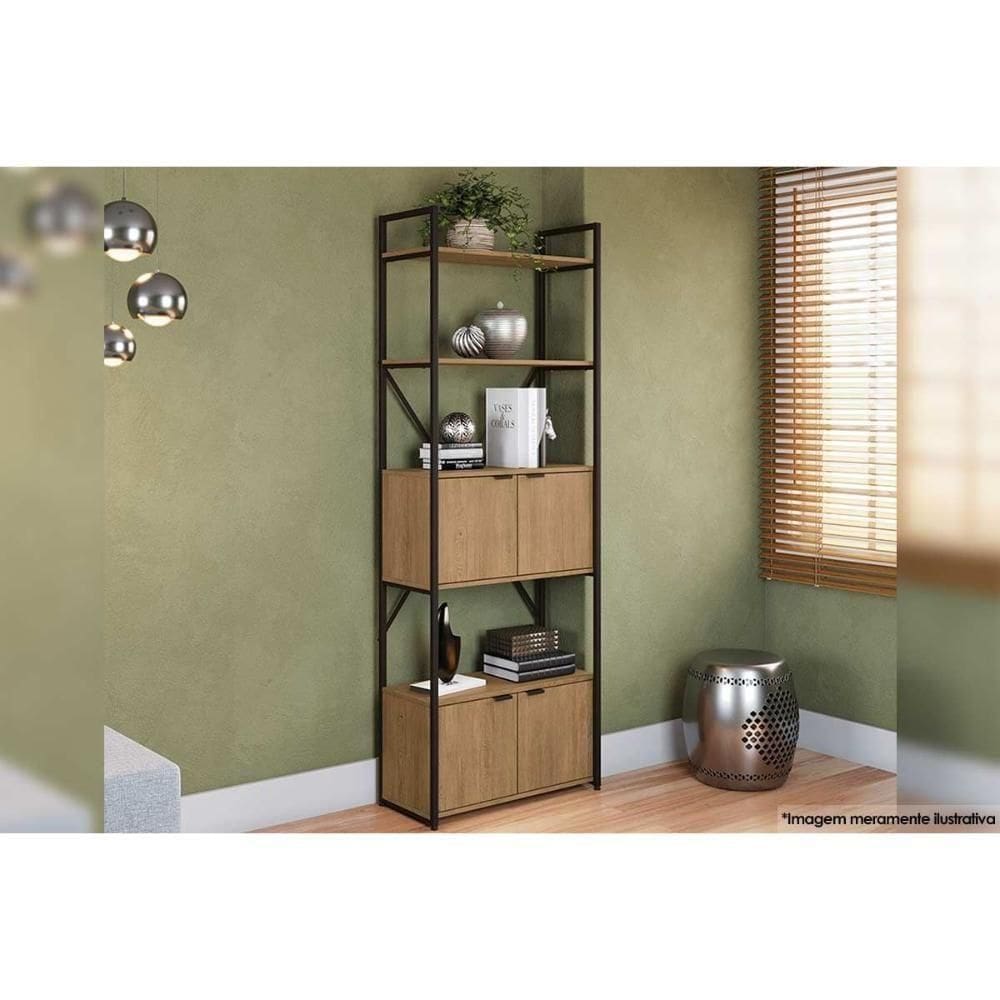 Estante p/Sala Industrial Alta LI018 c/ 4 Portas 72x200cm Freijo/Preto - Kappesberg