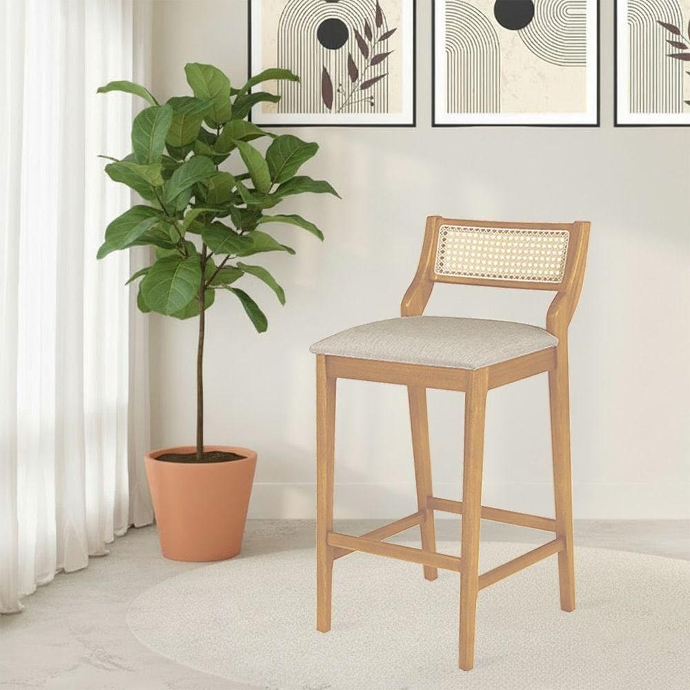 Cadeira De Jantar Lagum Jequitibá Terra Assento Linho Cinza Encosto Palha Sextavada