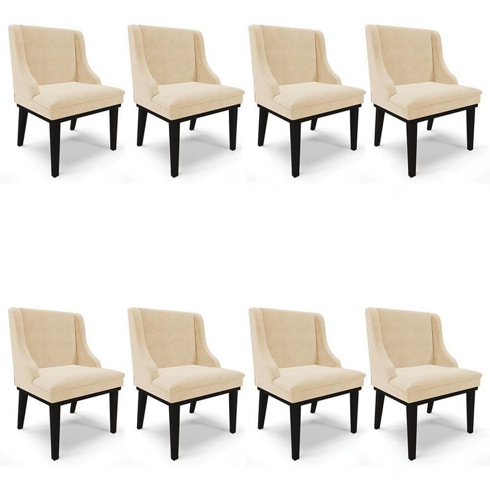Kit 8 Cadeiras Estofadas Para Sala De Jantar Base Fixa De Madeira Preto Lia Suede Bege - Ibiza