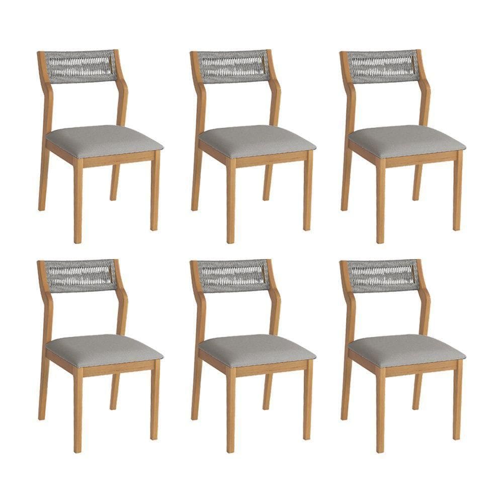 Conjunto 6 Cadeiras De Jantar Lagum Jequitibá Natural Encosto Linho Cinza E Corda Náutica