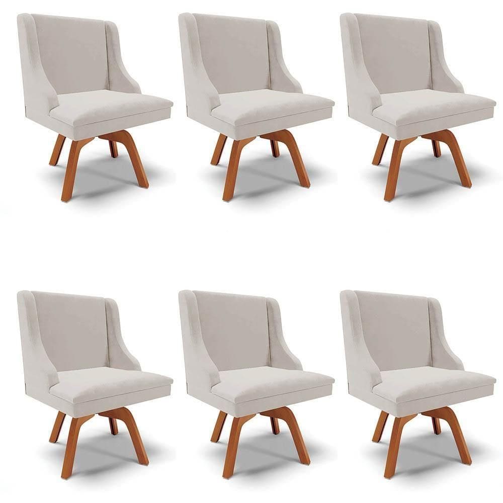 Kit 6 Cadeiras Estofadas Base Giratória De Madeira Lia Veludo Cinza - Ibiza