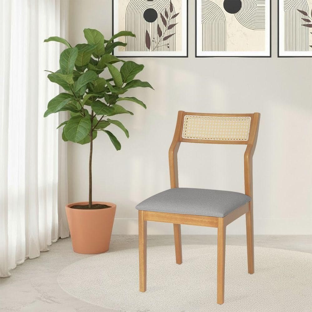 Cadeira De Jantar Lagum Jequitibá Natural Assento Linho Cinza Premium Palha Sextavada