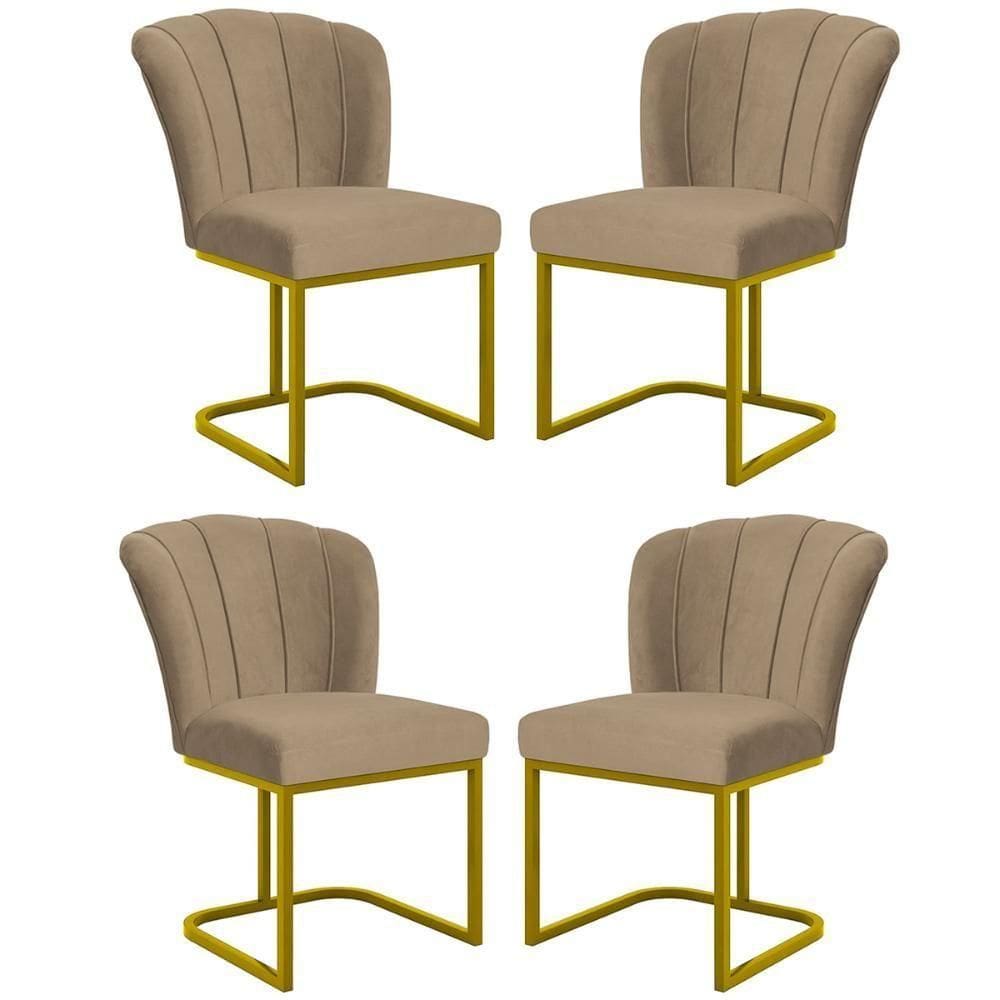 Kit 4 Cadeiras Jantar Flor Mesa Cozinha Reforçada Base Metal Dourada Capuccino