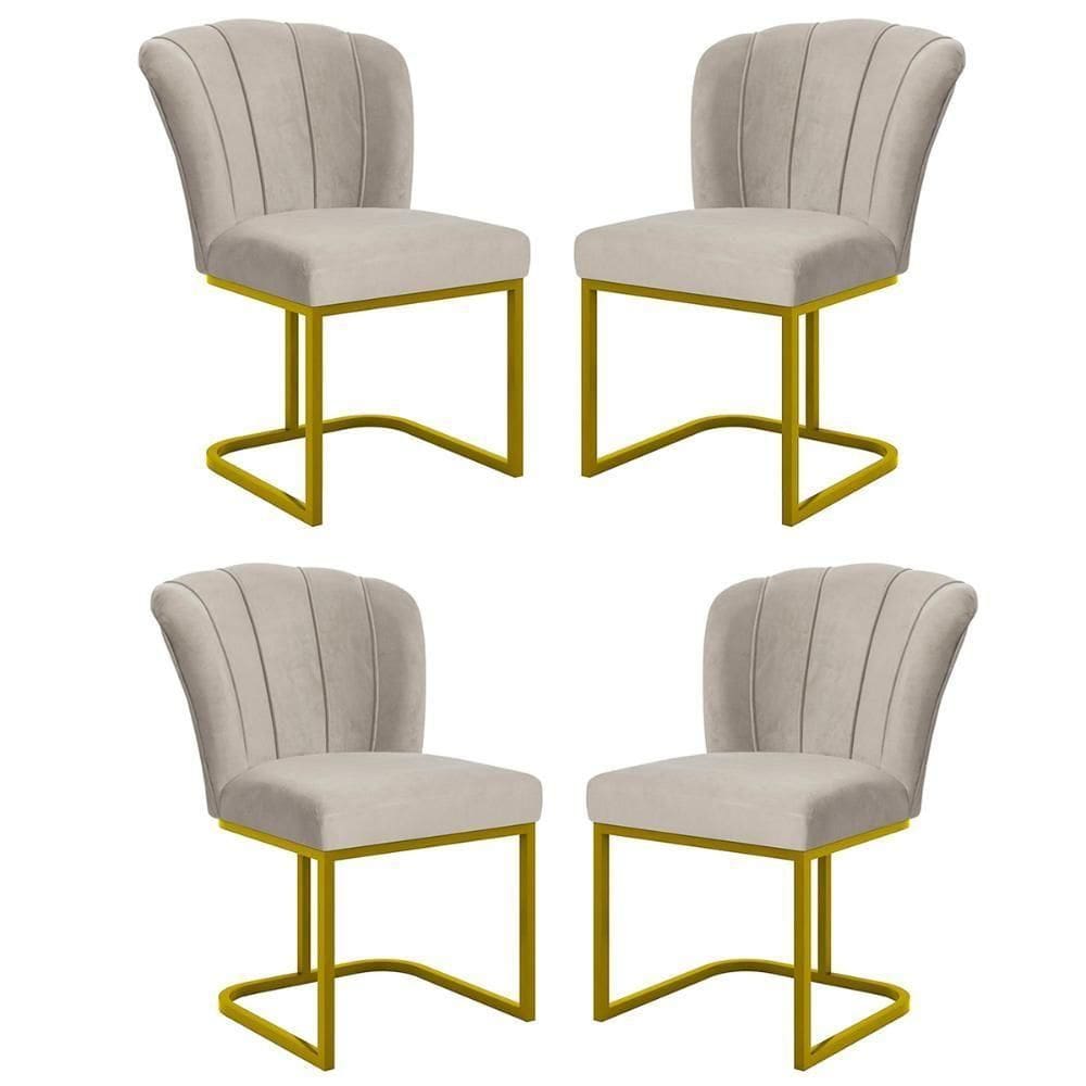 Kit 4 Cadeiras Jantar Flor Mesa Cozinha Reforçada Base Metal Dourada Bege