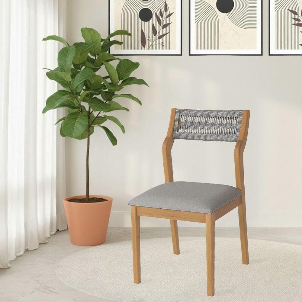 Cadeira De Jantar Lagum Jequitibá Natural Encosto Premium Linho Cinza E Corda Náutica