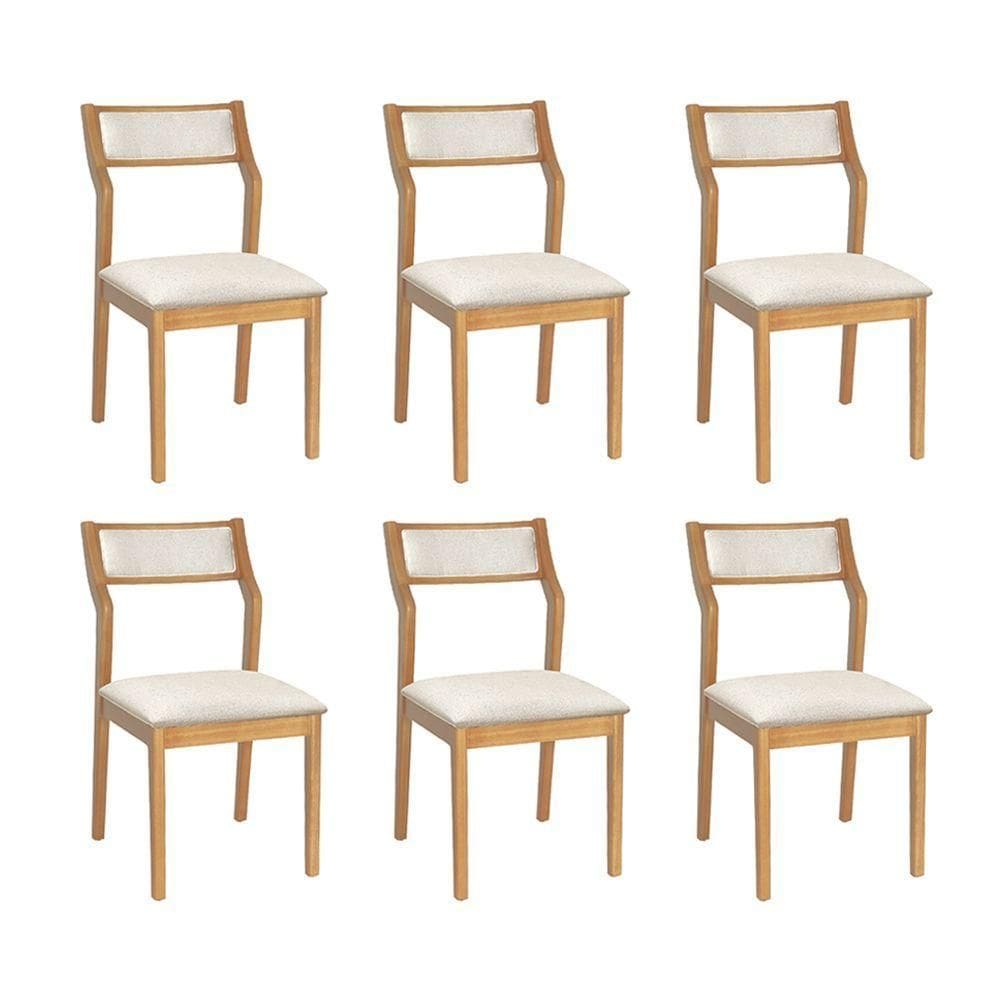 Conjunto 6 Cadeiras De Jantar Lagum Conforto Estofada Jequitibá Natural Linho Bege