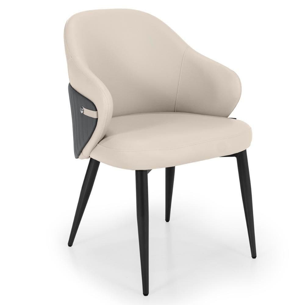 Cadeira De Jantar Estofada Milano Design Italiano Revestimento Em Pu Com Pés Metálicos E Encosto Ergonômico - Bege-cinza