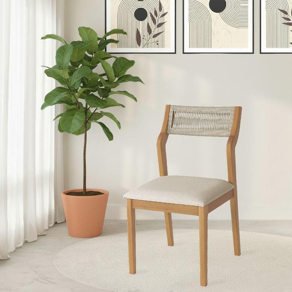 Cadeira De Jantar Lagum Jequitibá Natural Encosto Linho Bege E Corda Náutica