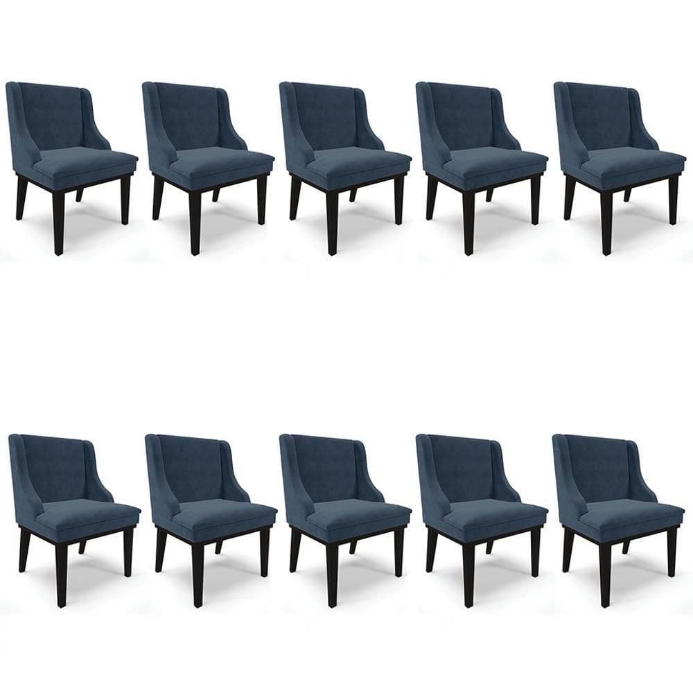 Kit 10 Cadeiras Estofadas Para Sala De Jantar Base Fixa De Madeira Preto Lia Suede Azul Marinho - Ibiza