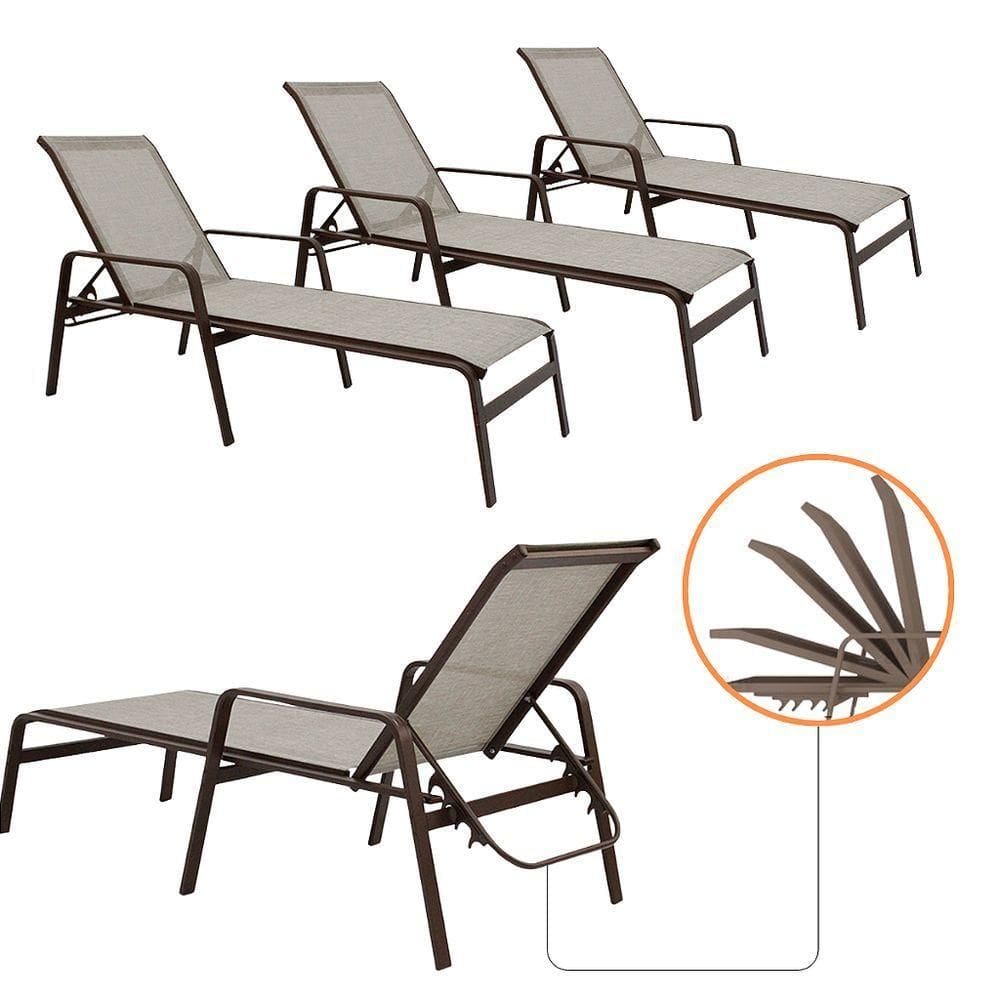 Kit 4 Espreguiçadeiras Piscina Sevilha Tela Sling Alumínio Encosto 5 Posições Reforçada Capuccino