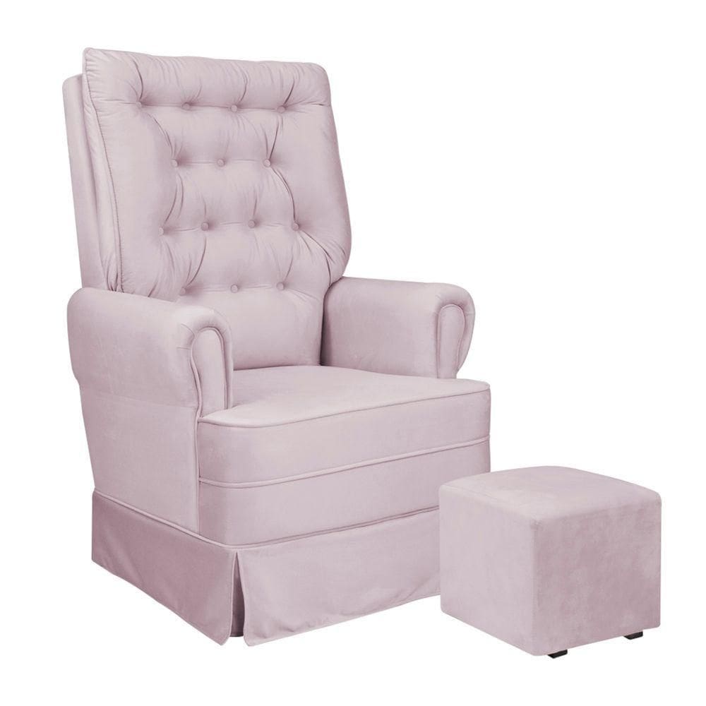 Poltrona De Amamentação Balanço E Puff Veludo Eloisa rosa