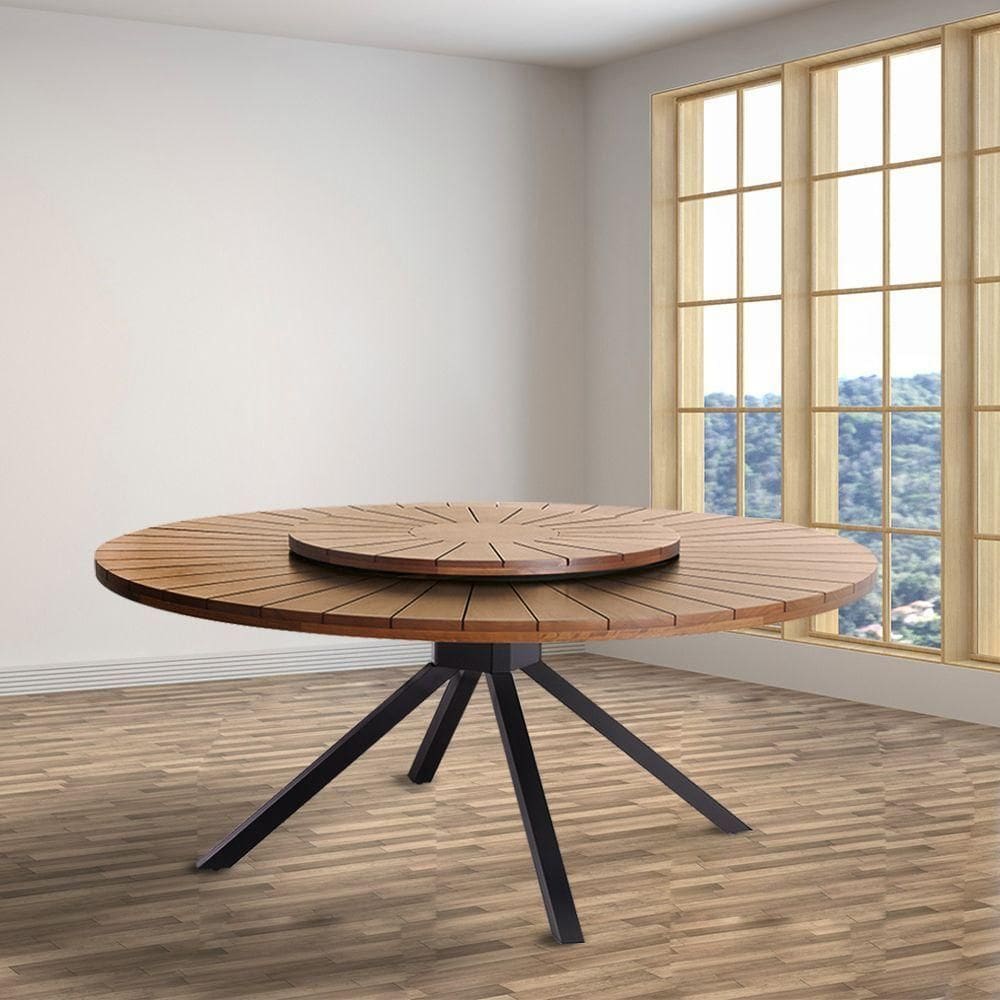 Mesa Redonda Tetra Tampo Giratório Em Madeira Maciça Com Base De Metal Preto Para área Gourmet 1,50