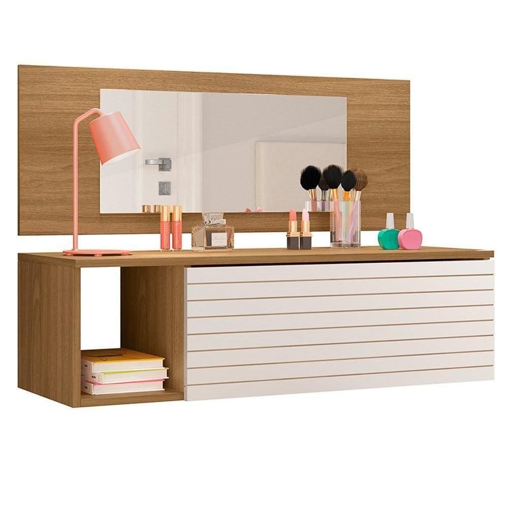 Penteadeira Suspensa Com Painel E Espelho Joy P14 Nature/branco - Mpozenato