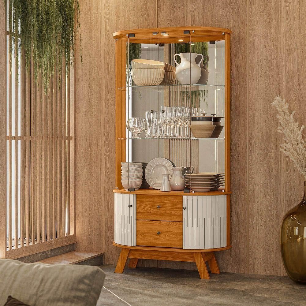 Cristaleira De Vidro Com Led 91cm Sala De Jantar Zunari M20 - D`rossi Cinamomo E Off White