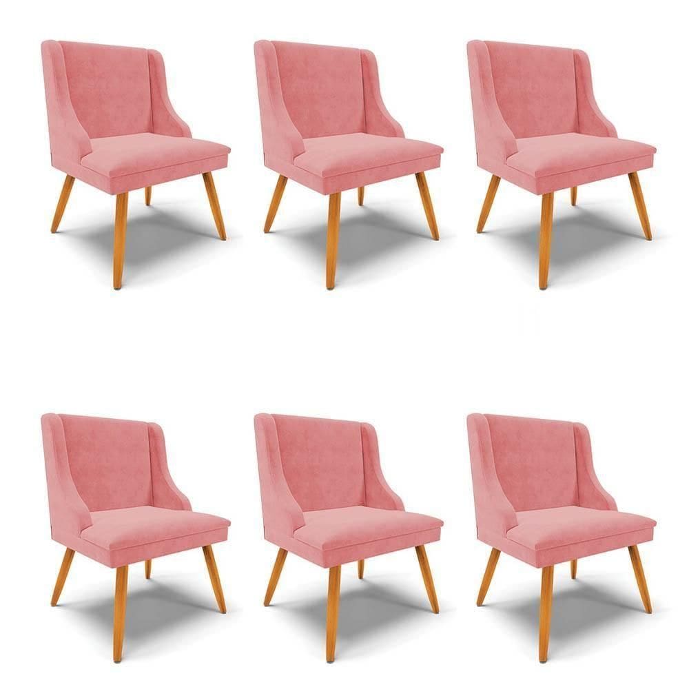 Kit 6 Cadeiras Estofadas Para Sala De Jantar Pés Palito Lia Suede Rosê - Ibiza