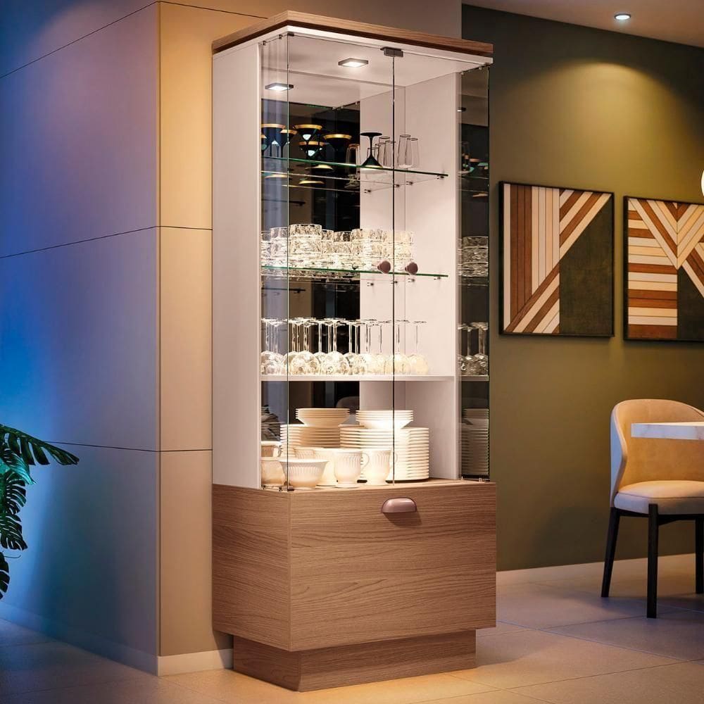 Cristaleira De Vidro Com Espelho Aura Off/castanho - Hb Móveis