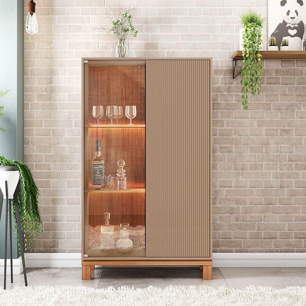 Cristaleira De Vidro Com Led Para Sala Visari C01 - D`rossi Marrom-freijó