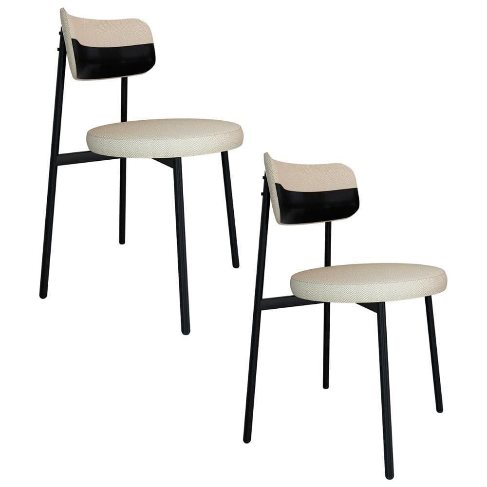 Cadeira De Jantar Estofada Kit 2 Nyka M25 Linho Areia/preto - Mpozenato