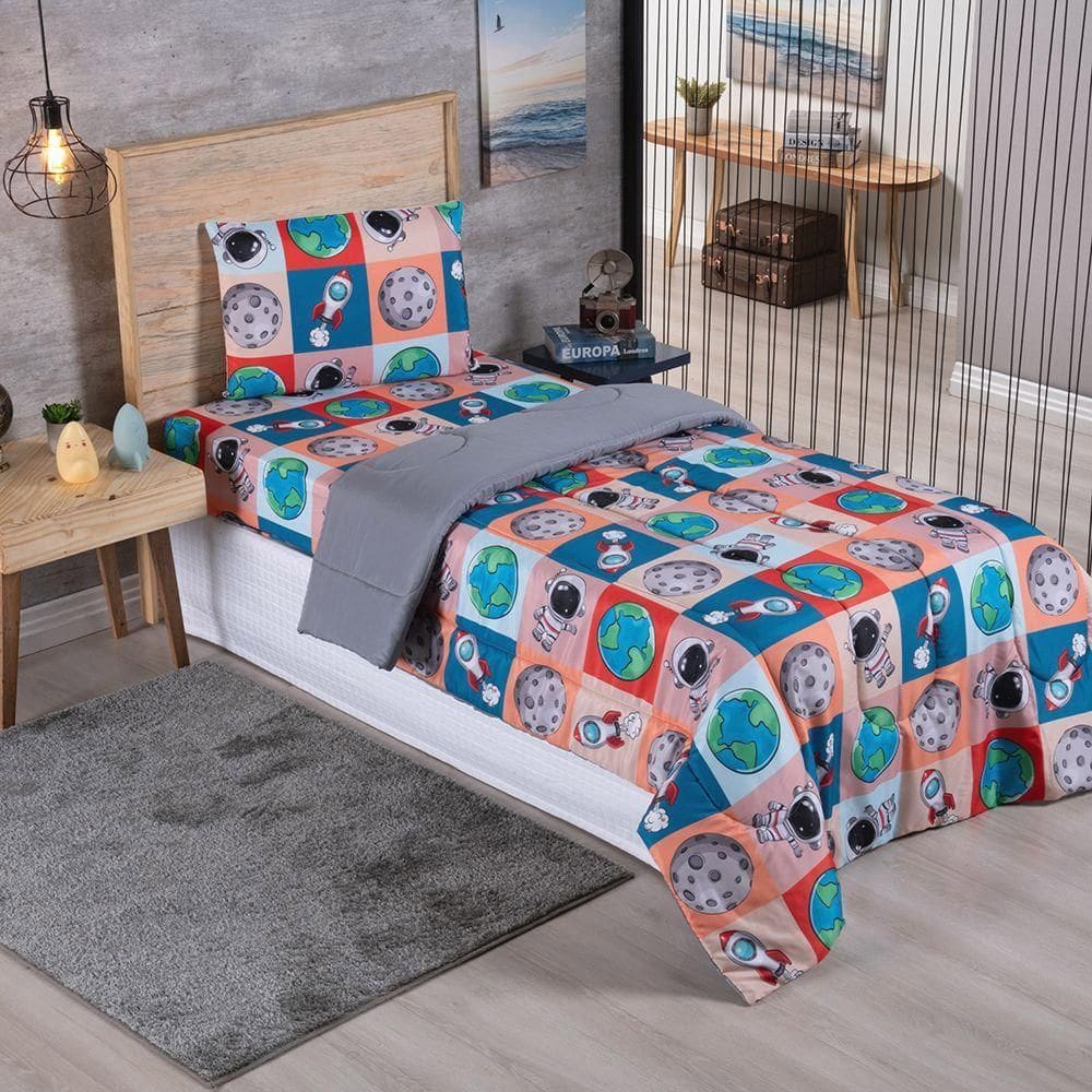 Coberdrom Edredom Solteiro Alegria Astronauta - 100% Poliéster