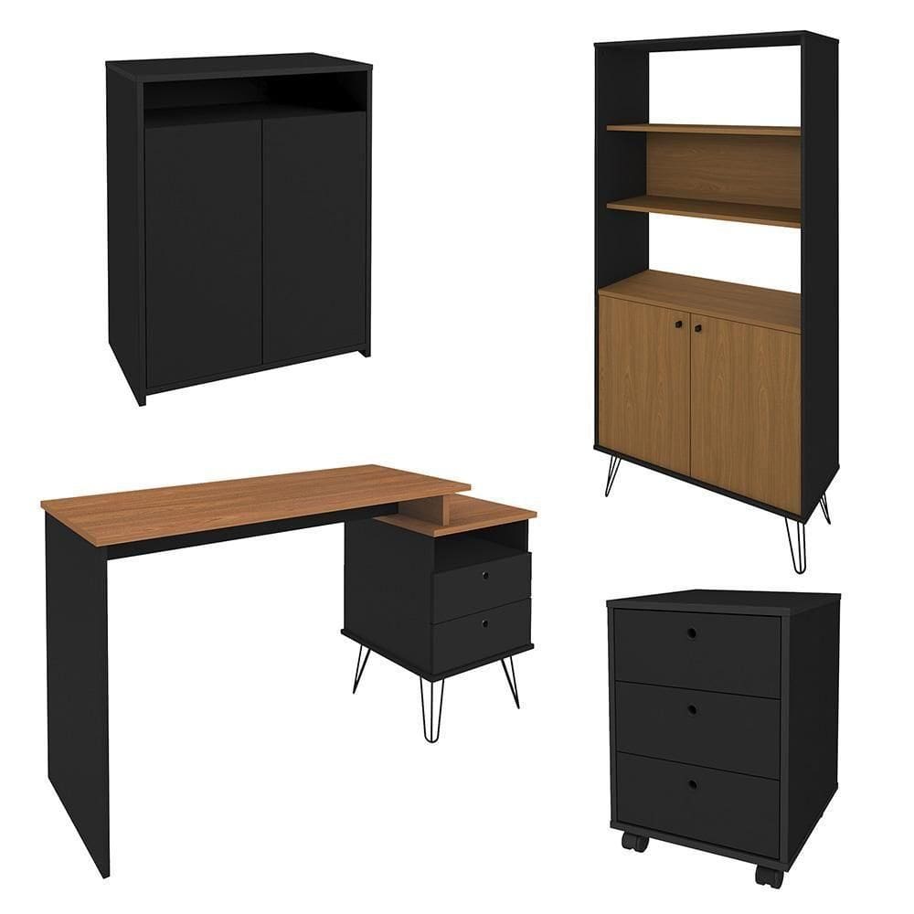 Conjunto Escritório Home Office 4 Peças Lux Industrial A06 Freijó/preto - Mpozenato
