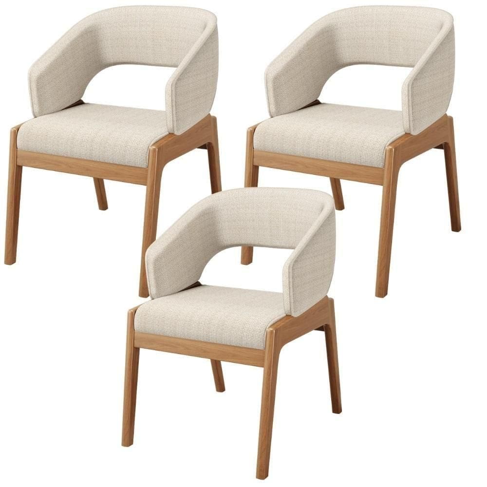 Kit 03 Cadeiras De Jantar E Estar Living Estofada Lince L02 Linho Palha - Lyam Decor