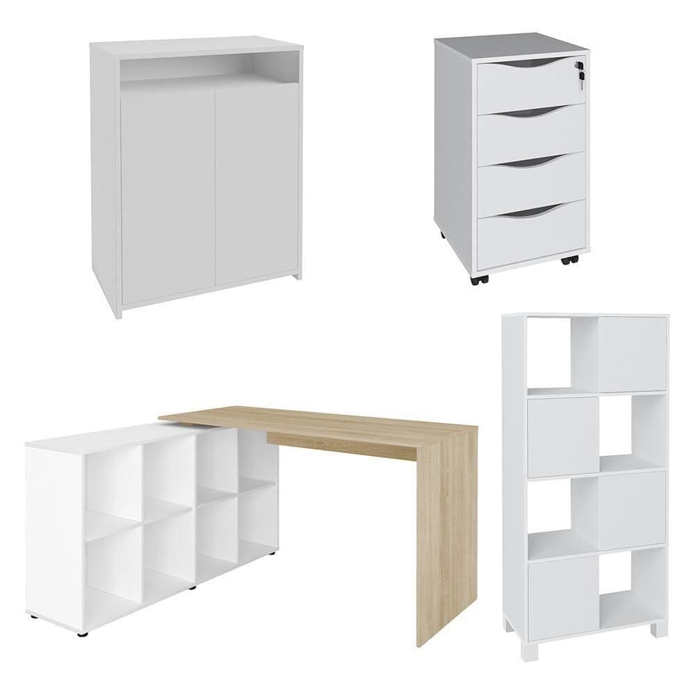 Conjunto Escritório Home Office 4 Peças Mity A06 Branco/carvalho - Mpozenato