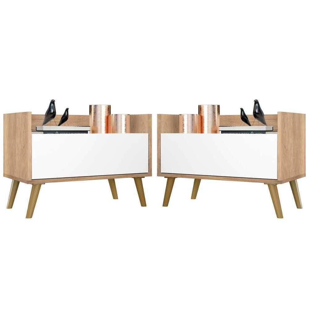 Kit Com 2 Mesas De Cabeceira 80Cm Retrô Multimóveis V4002 Rustic/Branca/Natural