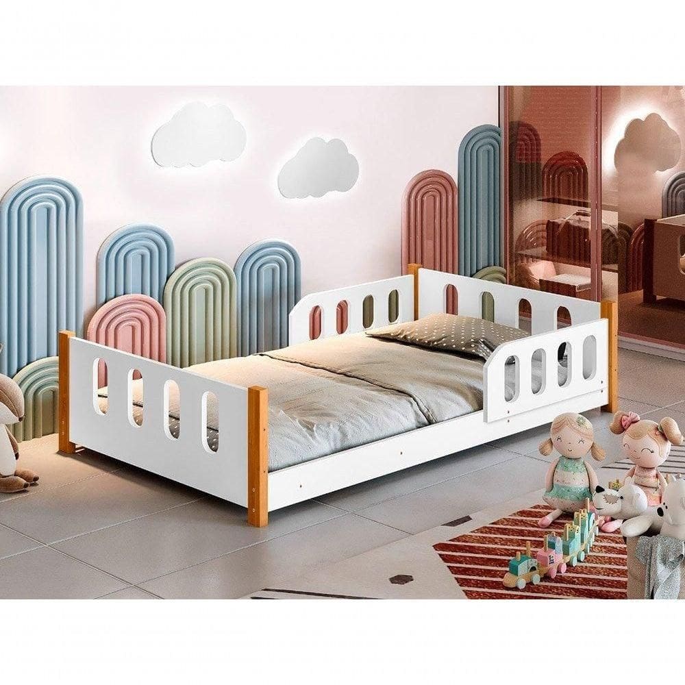 Cama Montessoriana Infantil Com Grade Camila Branco Com Colchão Divaloto