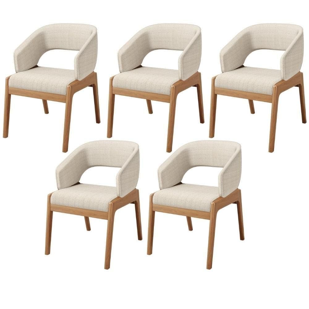 Kit 05 Cadeiras De Jantar E Estar Living Estofada Lince L02 Linho Palha - Lyam Decor