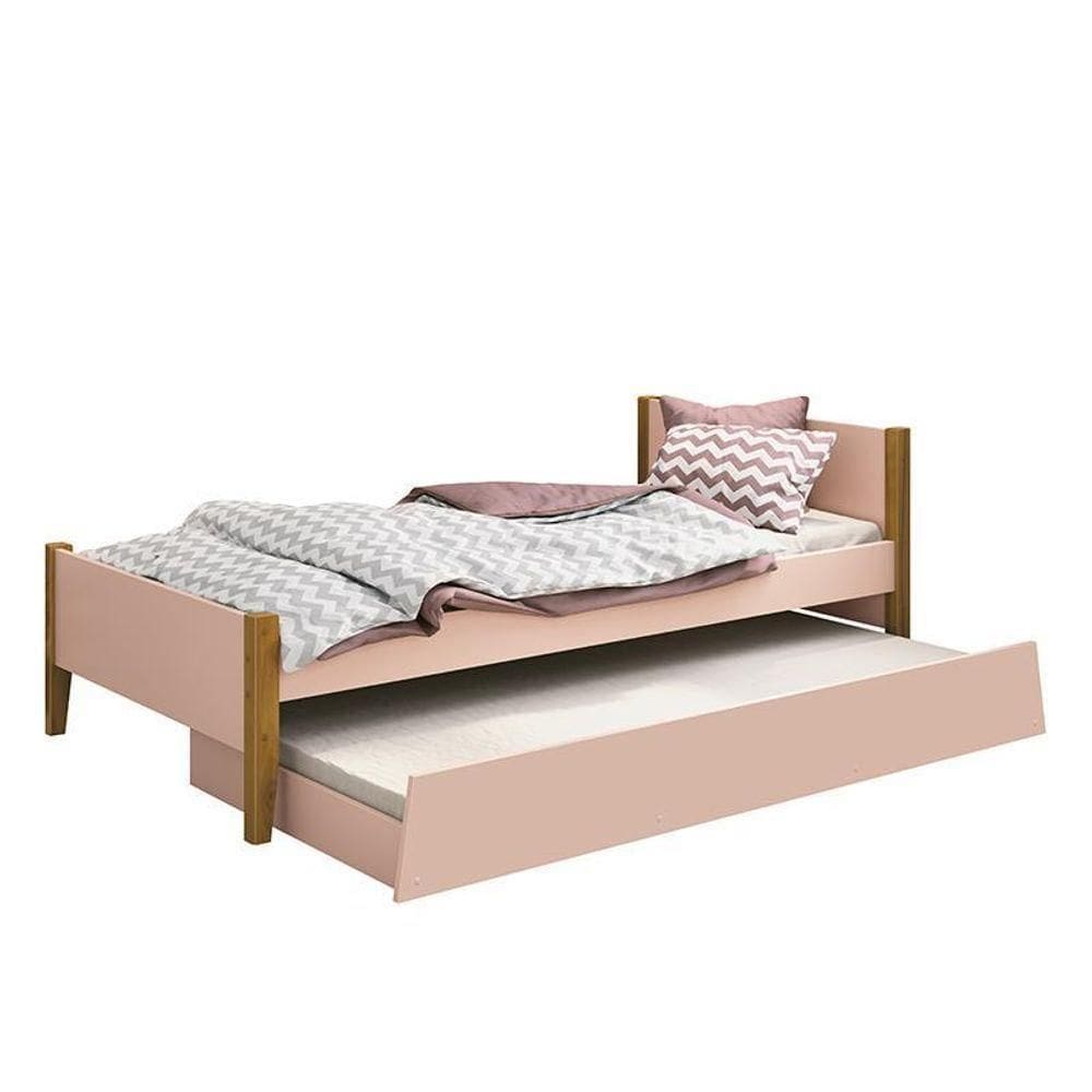 Bicama Solteiro Simba Rosa Fosco Com Pés Amadeirado E Colchões D20 E D33 - Reller Móveis Rosa Fosco