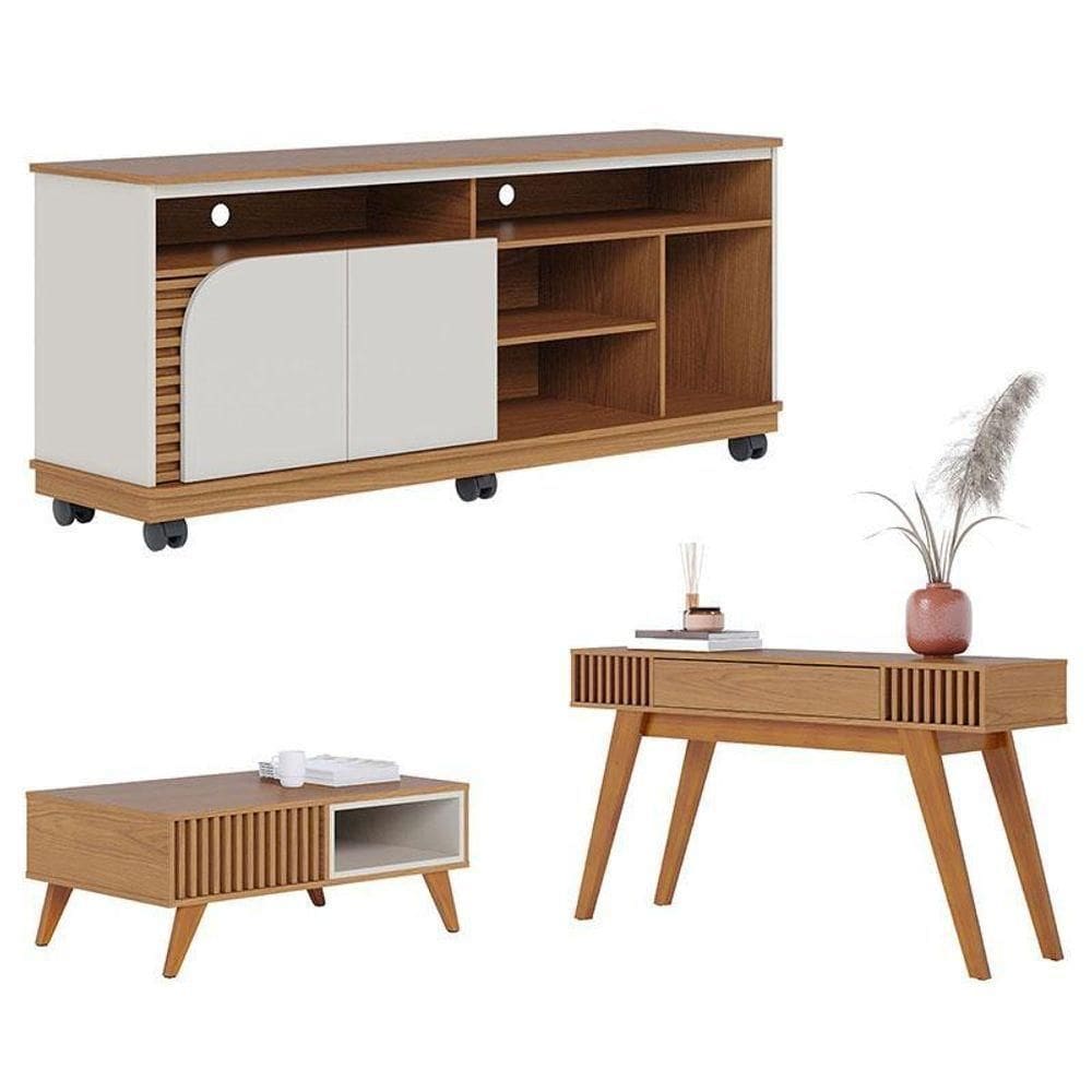 Rack Bancada Jurerê 1.5 Com Mesa De Centro Jeri Freijó Off White Matte E Aparador Riviera Freijó – Colibri