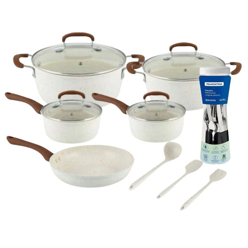 Kit Panelas 8 Peças Jaguar Com Faqueiro Tramontina 24Peças Bege-preto