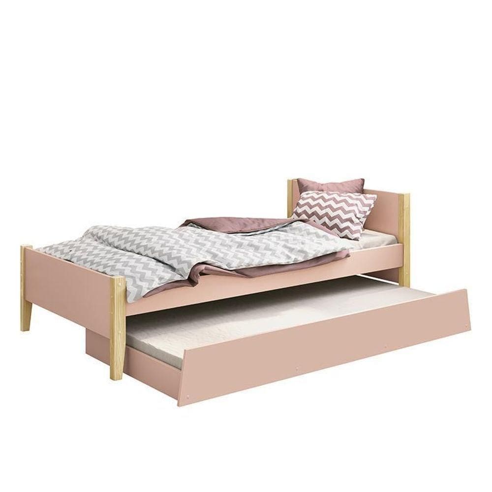 Bicama Solteiro Simba Rosa Fosco Com Pés Madeira NaturalE Colchões D20 E D33- Reller Móveis Rosa Fosco