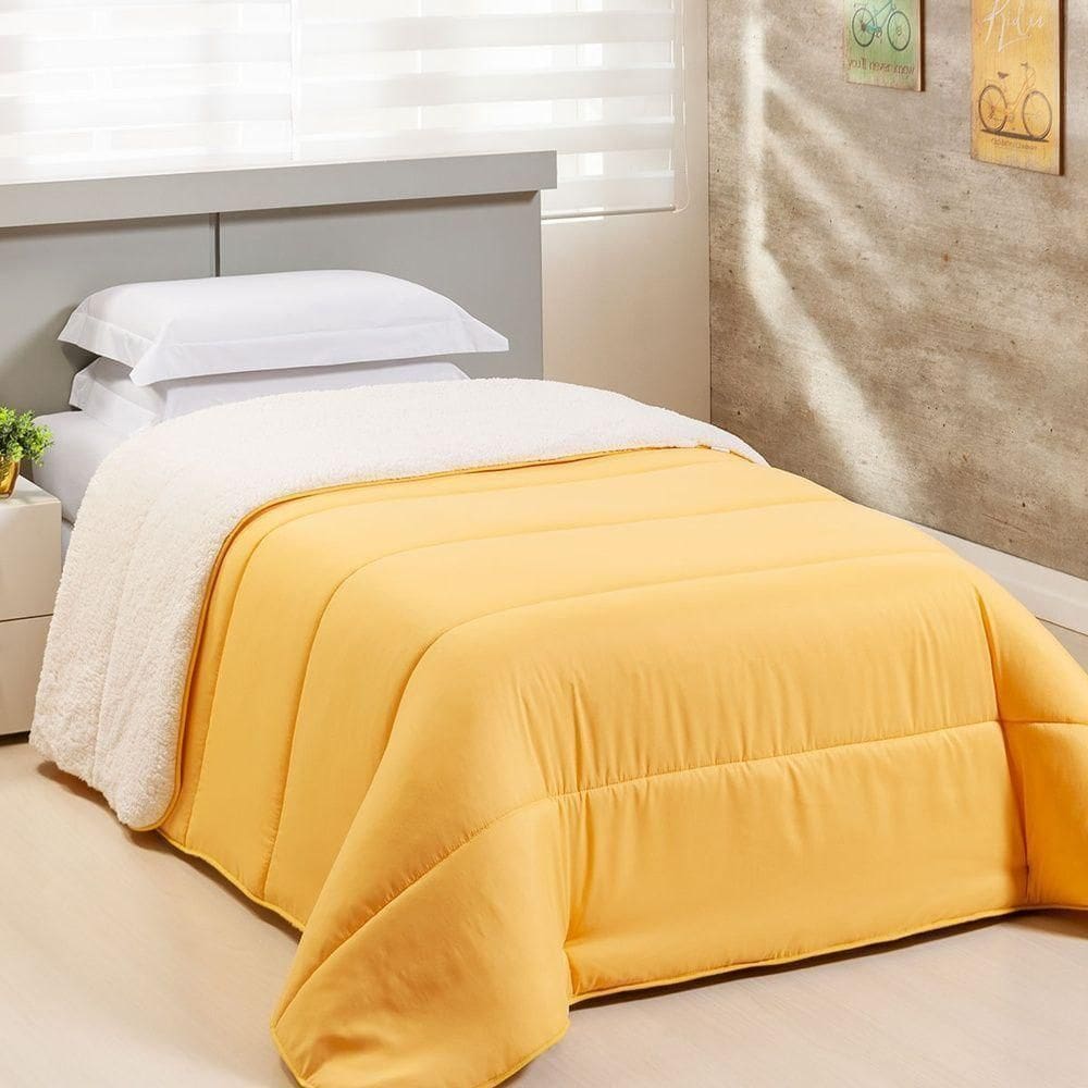 Coberdrom 1 Peça Solteiro Percal 200 Fios Com Sherpa Flupy 100% Poliéster - Amarelo