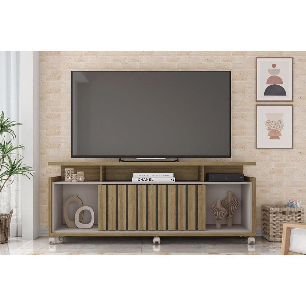 Rack Bancada P/ Tv Até 70 Pol Oásis C/ Ripado E Rodizios 160cm Lamina Mel/cacao - Caemmun