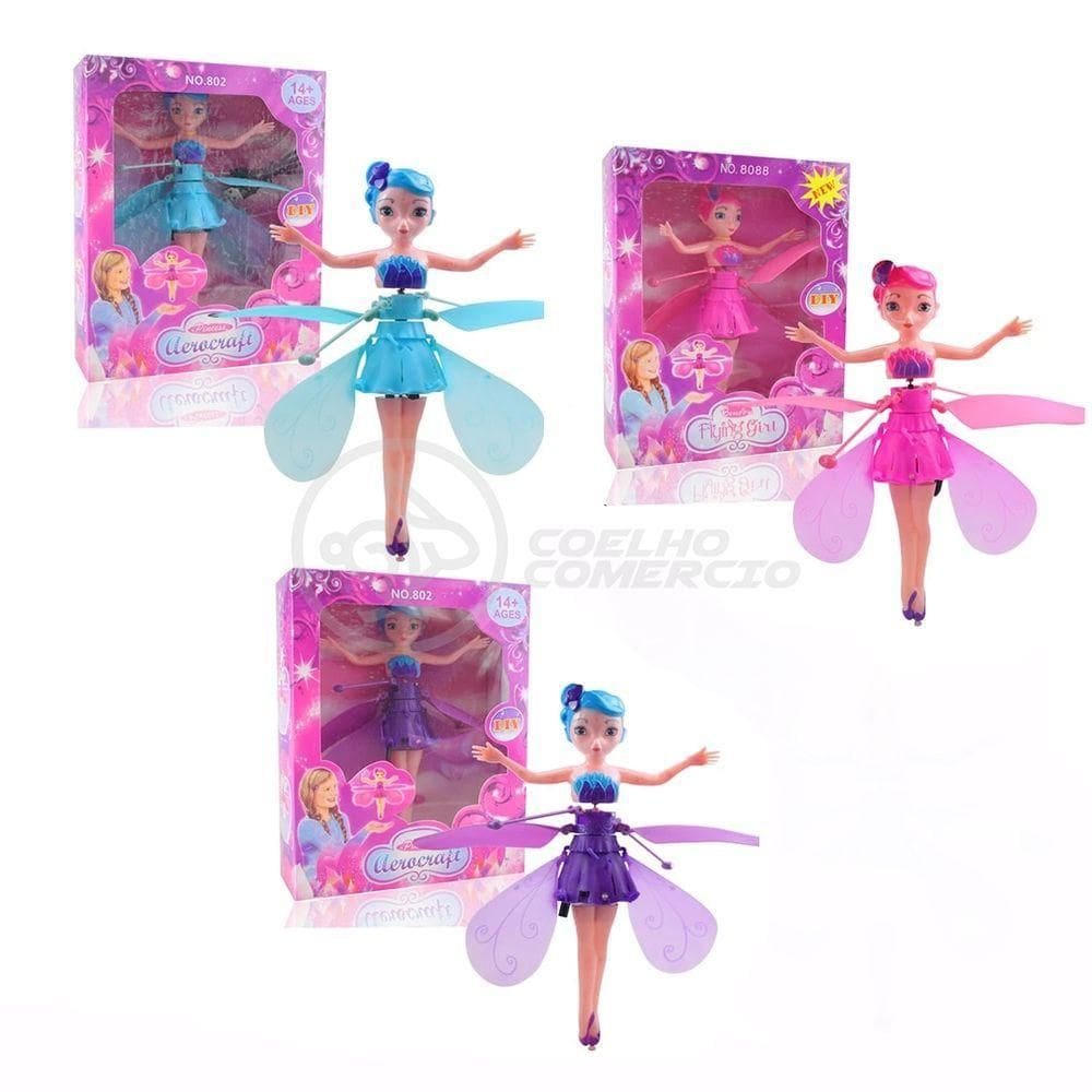 Boneco Princesa Aerocraft Fada Voadora Azul 19Cm C/ Luz