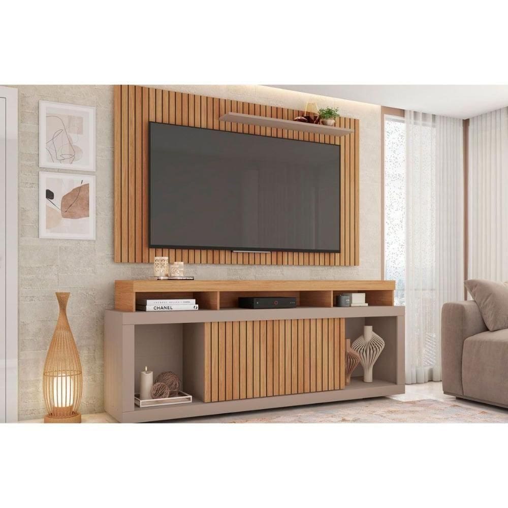 Rack Bancada C/ Painel P/ Tv Até 60 Pol New Oscar Rodízios 180x174cm Buriti/fendi - Caemmun