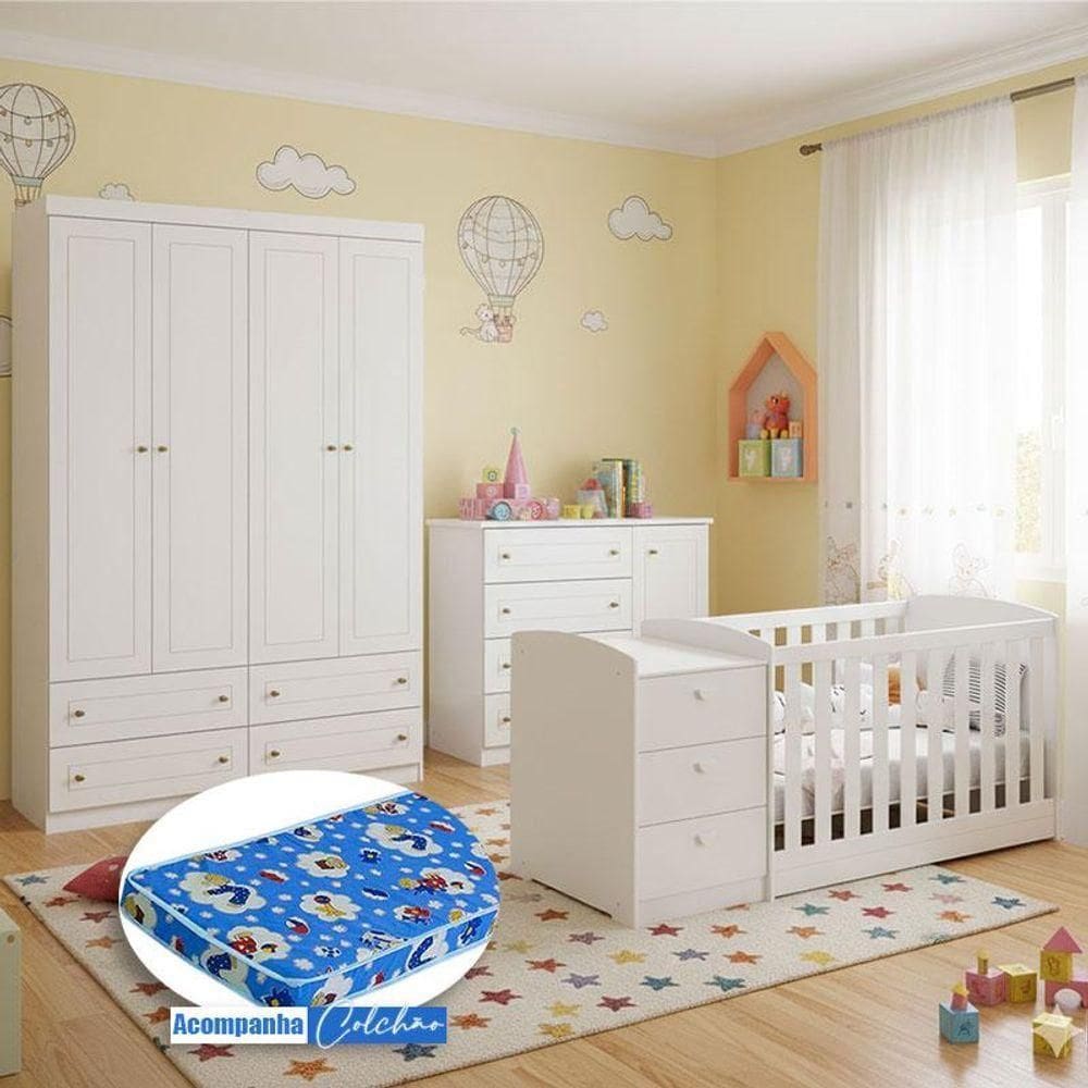 Quarto Infantil Americano 4 Portas E Berço Multifuncional Atlanta Ambiente Branco Fosco Com Colchão Ortobom - Reller