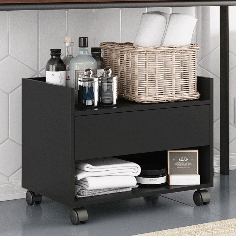 Gabinete Armário Mesa De Cabeceira Multiuso Ivy 60cm 100% Mdf Bp Com 01 Gaveta Preto - Abmaza