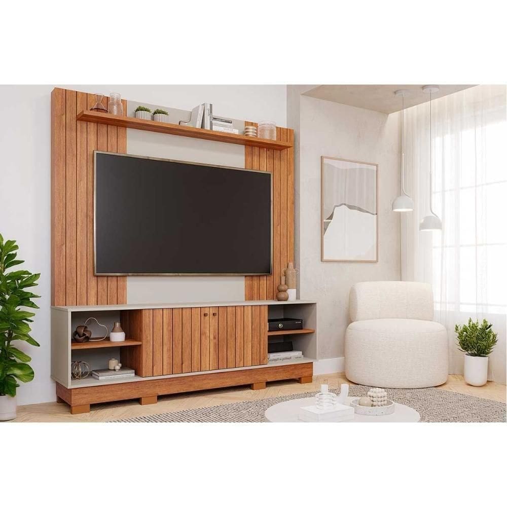 Home P/ Tv Até 70 Pol Caribe 1.8 Ripado C/ 2 Portas E 4 Nichos 180x196cm Cinamomo/off White - Permóbili