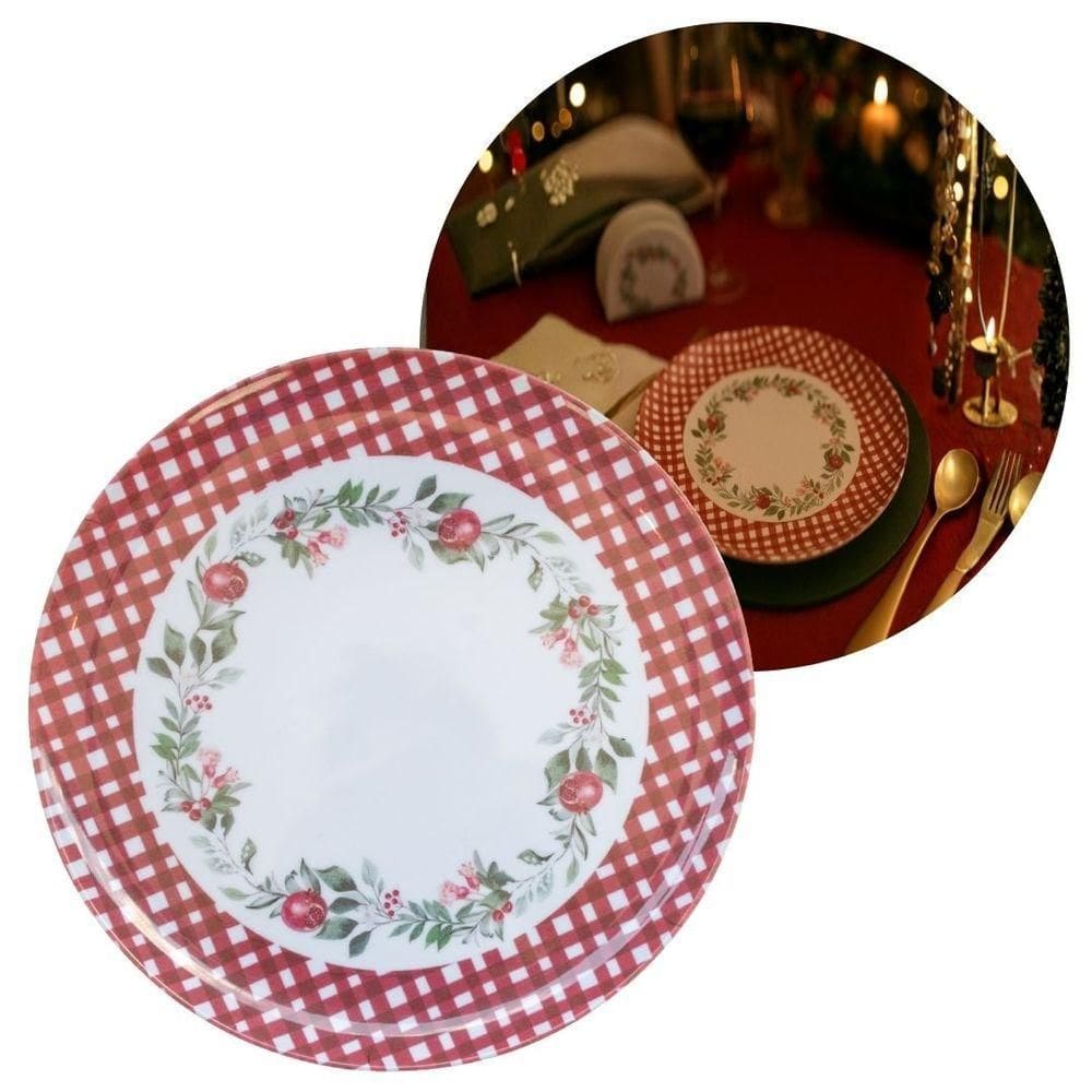 Prato De Jantar Natalino Melamina Folhagens, Azevinhos E Romã Borda Xadrez Bordô Fosco 27,5cm