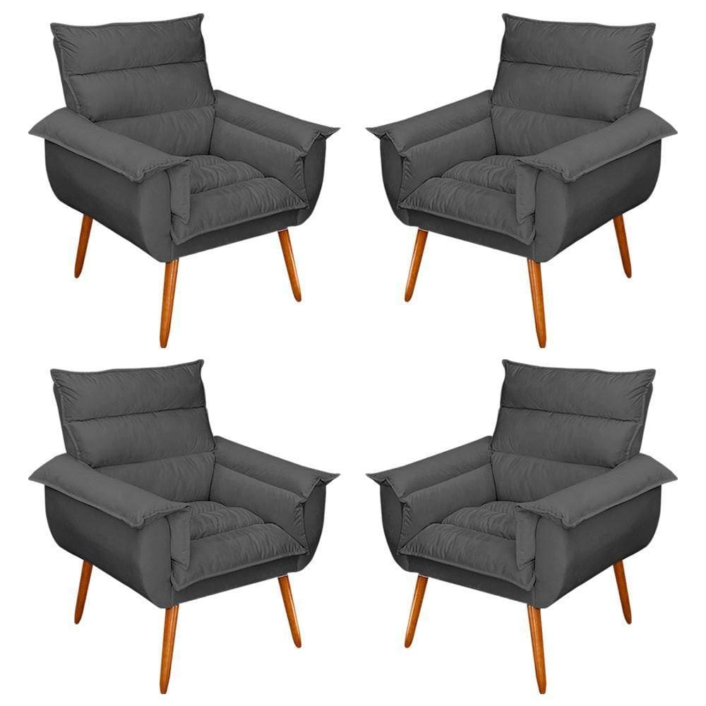 Kit 04 Poltronas Decorativas Modernas Sala E Recepção Monza Pés Palito Veludo Cinza - Abmaza