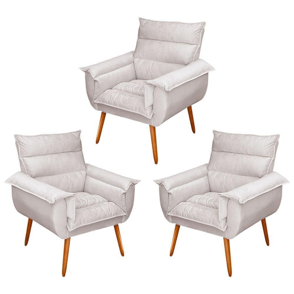 Kit 03 Poltronas Decorativas Modernas Sala E Recepção Monza Pés Palito Veludo Bege - Abmaza