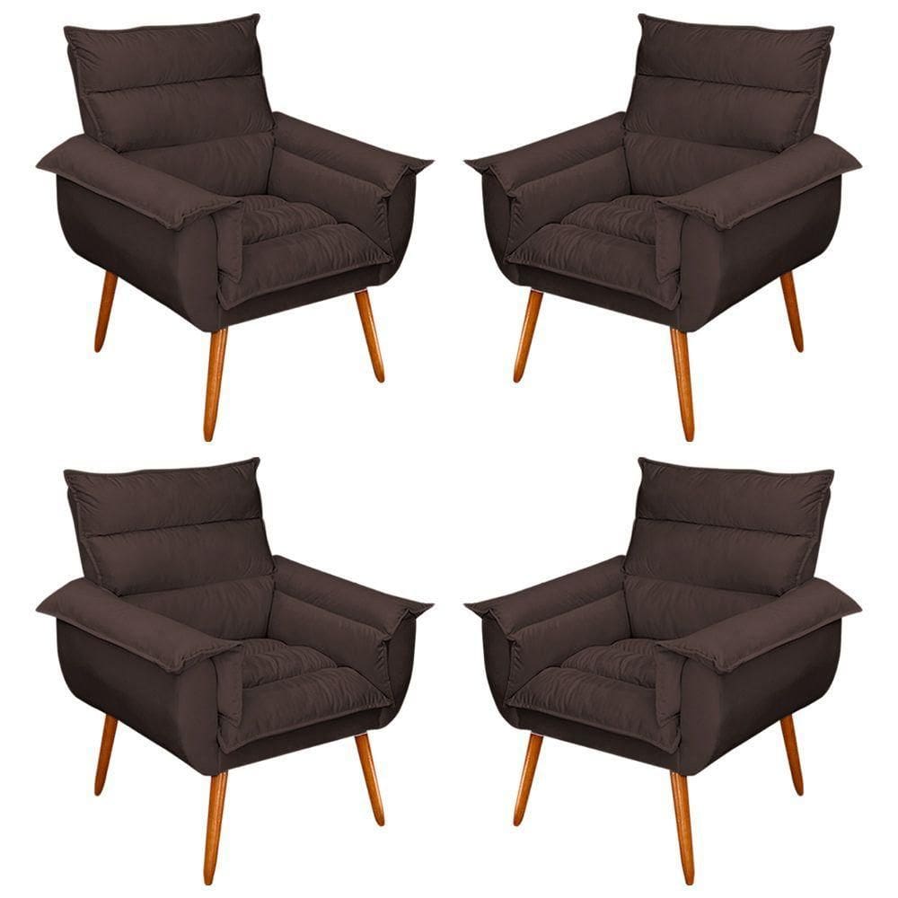 Kit 04 Poltronas Decorativas Modernas Sala E Recepção Monza Pés Palito Suede Marrom - Abmaza